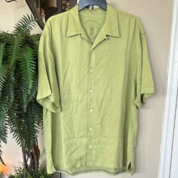 Tommy Bahama 100% Silk Mens Casual Button Down Shirt Short Sleeve Green Tropical - Picture 1 of 13